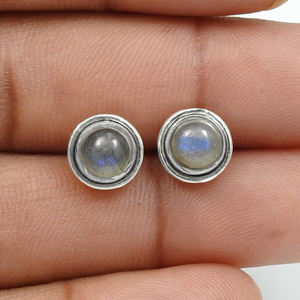 Pierre précieuse Labradorite de feu bleu naturel, ensemble de lunette ronde, boucles d'oreilles en argent sterling 925, bijoux minimalistes fins pour femmes - Product Image 3
