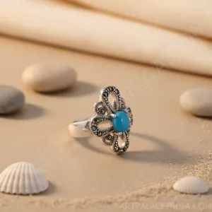 Bague en argent 925 avec turquoise et marcassite pour femme, bijou raffiné avec sertissage à la main en rhodium - Product Image 3