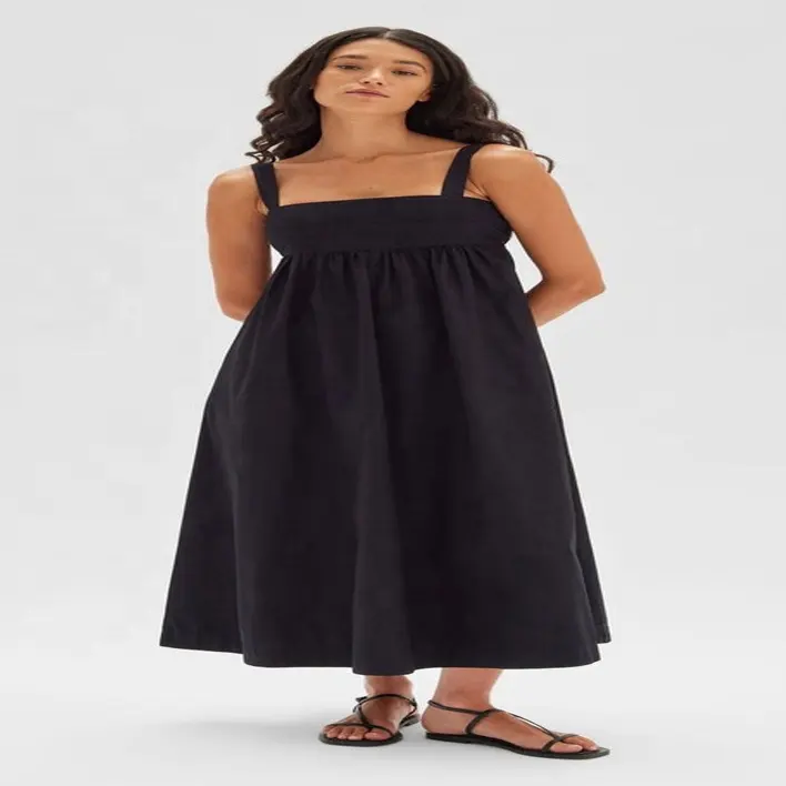 2023 Trend Women's Clothing Summer Scoop Neck Solid Print Adjustable Straps Backless Long Black Dress