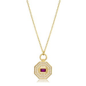 Rubis CZ Octogone Forme Géométrique Argent Charme Collier En Gros Turc 925 Bijoux En Argent Sterling - Product Image 1