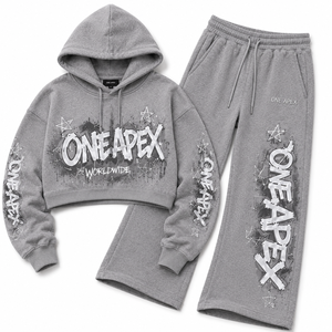 Ensemble de survêtement ONE APEX gris clair pour femme, coupe régulière, en coton, avec pantalon large, style graffiti streetwear, tenue d'hiver en molleton - Product Image 2