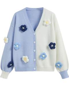 Manufacturer Custom Women Light Blue & Knit <b>Cardigan</b> Sweater <b>With</b> Multicolor Flower Applique V Neck Button Front Cute Winter Top - Product Image 1