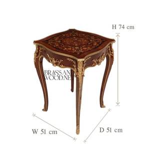 Table d'appoint carrée de style français de luxe avec incrustation florale riche et accents en laiton doré orné pour l'intérieur des palais - Product Image 4