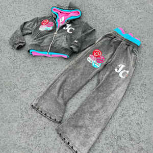 ชุดเซ็ตเสื้อฮู้ดดี้และกางเกงจ็อกเกอร์ผ้าฝ้าย 100% คุณภาพสูง แบบซิปสามชั้น สไตล์สตรีทแวร์สำหรับฤดูหนาว ผลิตตามแบบ OEM ดีไซน์ทำเก่า - Product Image 4
