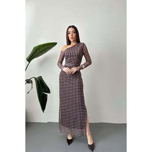Vestido de Tul con Estampado a Cuadros Marrones - Marrón - Product Image 1