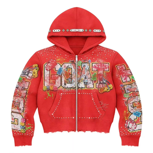 Sweat à capuche zippé strass lourd sweat à capuche en détresse pour hommes lavé à l'acide personnalisable broderie printemps sweats à capuche 2025 - Product Image 3