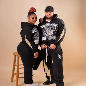 Conjunto Deportivo Unisex de Felpa de Algodón de 500 GSM, Sudadera Corta con Cremallera Extra Grande, Pantalones Anchos Holgados, Estampado Desgastado, Logotipo de Pedrería - Product Image 3