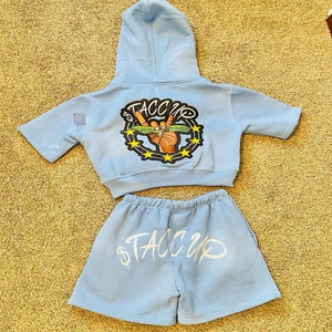 Acid Wash Men Embroidered Summer Drawstring Crop <b>Hoodie</b> Shorts Set Full Sleeve Zipper <b>Hoodie</b> with Scrunch Waist Short Set - Product Image 4