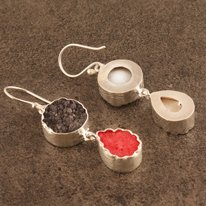 Custom Designed Women's <b>Drop</b> <b>Earrings</b> Factory Price Natural Black <b>Red</b> Sugar Druzy with Silver Plating Textured Finish - Product Image 5