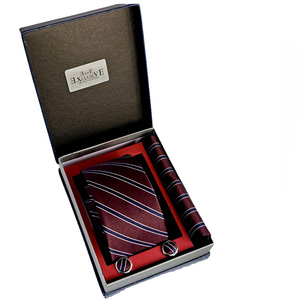 Burgundy <b>Navy</b> White Striped Jacquard Woven <b>Tie</b> Pocket Square Cufflink Set in Gift Box - Product Image 2