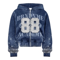 Sudadera con capucha para mujer, personalizada con logo estampado de pedrería y bordado, de forro polar transpirable, oversize, con bajo sin rematar, lavado ácido regular y lavado a la piedra, con cremallera