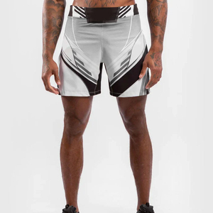 Shorts de sport MMA gris et noir pour hommes, imprimés par sublimation, en polyester anti-humidité, coupe athlétique légère pour l'entraînement - Product Image 1