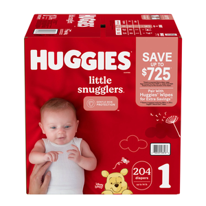 Pour les tout-petits, couches Little Snugglers taille 1, 204 unités (16-18 livres) Protection contre les fuites, douce, respirante, absorption, design imprimé - Product Image 1