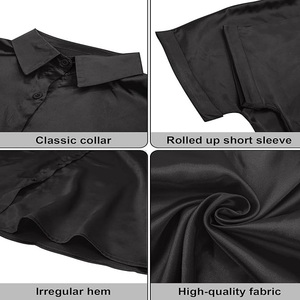 เสื้อเบลาส์ลายสก็อตผ้าซาตินลำลองสำหรับผู้หญิง, เสื้อแขนสั้นแห้งเร็วมีกระดุมประดับพู่สำหรับฤดูใบไม้ผลิฤดูร้อนฤดูใบไม้ร่วง - Product Image 5