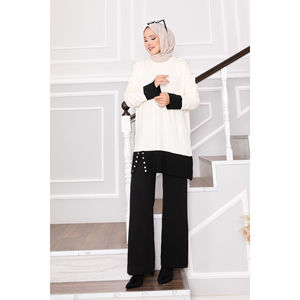 Ensemble décontracté en tricot bicolore 2 pièces avec boutons en pierre, taille XS, coupe ample, pour tenues d'hiver et d'été - Product Image 3