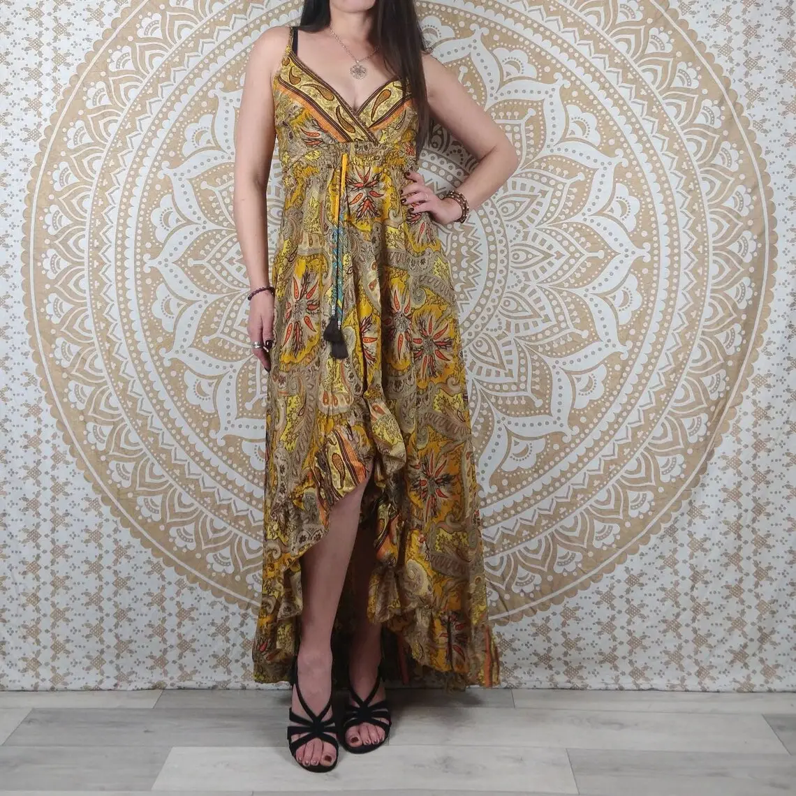 Sohna long dress in Indian silk. Asymmetrical boho dress with thin straps. Yellow ethnic print. / purple paisley.