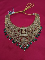 Collier long et boucles d'oreilles de mariée en alliage plaqué or antique, style temple religieux du sud de l'Inde, pour fiançailles, mariage, fête, avec quartz