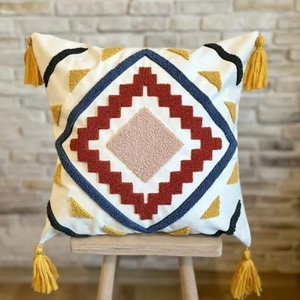 Handmade Style Punch Embroidery Decorative Cushion <b>Cover</b> 43x43 Square Cotton Textured Boho <b>Throw</b> Pillow Case for <b>Sofa</b> Bedroom - Product Image 3