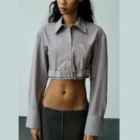 Conception irrégulière femmes col à revers Crop Blouses manches longues boutons décontracté coton court gris ceinturé rayé Crop chemise