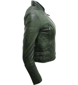 Veste en cuir véritable pour femme, style motard clouté, noire, coupe ajustée, veste en cuir pour femme - Product Image 2