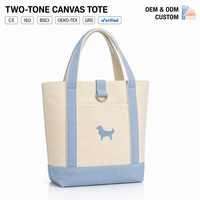 Sac fourre-tout en toile bicolore 24 oz avec silhouette de chien, bleu poudré, poignées tissées, sac de courses polyvalent