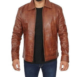 แจ็คเก็ตหนังแท้สีเทาเข้มสำหรับผู้ชายแจ็คเก็ตปกแบบมีซิปมีแถบซิปด้านหน้าทรงเข้ารูปสำหรับนักขี่จักรยานคลาสสิก - Product Image 6