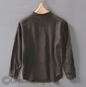 Vente en gros de chemises en lin à manches longues, confortables et respirantes, avec boutons de style chinois et col montant, pour hommes, au prix de gros - Product Image 6