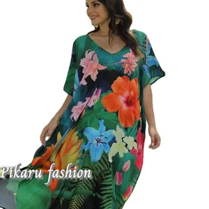High Quality V-Neckline Short Sleeve Elegant Bohemian Floral Print Dubai Plus Size Women Kaftan