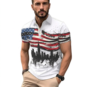 Chemise à manches courtes pour homme, imprimé drapeau américain et silhouette urbaine, décontractée, respirante, infroissable, en tricot Spandex/Nylon, avec poche, blanche - Product Image 2