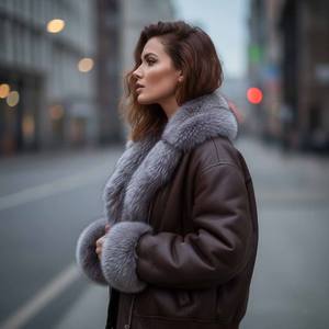 Veste de motard en cuir véritable pour femme avec col en fourrure de renard et fermeture éclair, streetwear d'hiver - Product Image 3