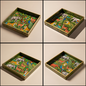 Plateau en bois Meena en gros, peint à la main, motif éléphant, plateau de service décoratif, bleu carré, biodégradable, écologique, personnalisé en vrac - Product Image 4