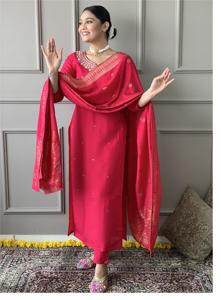 Fancy bordado trabajo elegante festivo étnico viscosa Chanderi tela Kurti pantalón con hermosa tela Jacquard Dupatta para mujeres - Product Image 5