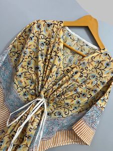 Jaipuri estampado de algodón hecho a mano caftán vestido largo playa cubierta Maxi Kimono bata estilo Casual flor bloque impreso ropa de dormir Natural - Product Image 3