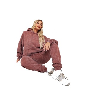 100% algodón lavado ácido personalizado Distress bordado Sweatsuit para mujeres de gran tamaño de manga larga Flare pantalones de chándal lavado - Product Image 1