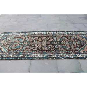 Alfombra de 3.6x9.3 pies, Alfombra Turca Vintage, Alfombra Floral Marrón y Azul - Product Image 4