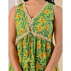 Vestido de Algodón Mulmul con Estampado Jaal Verde, Diseño ODM Personalizado, Casual y Elegante, Transpirable, Cintura Imperio, Tallas XS a 5XL, para el Día o para Salir de Noche - Product Image 2