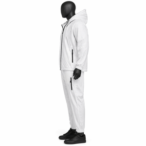 <b>Men</b>’s <b>White</b> Hooded Windbreaker Tracksuit Set Lightweight Waterproof Full Zip <b>Jacket</b> Jogger Pants Custom Logo OEM - Product Image 4