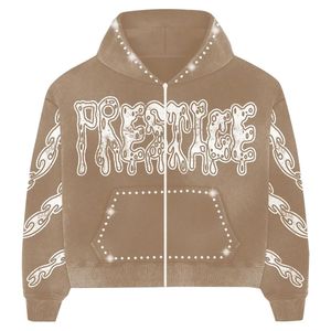 Sweat-shirt à capuche gris vintage avec fermeture éclair, graphique personnalisé en strass, veste streetwear pour hommes et femmes, sweat-shirt esthétique surdimensionné - Product Image 4