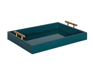 Plateau de service en bois naturel de conception européenne avec poignée en métal PVD doré Décoration de vaisselle de ferme pour la maison Plateau de service - Product Image 1