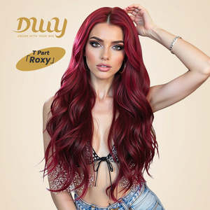 ROXY DWY Long Middle Lace Parting Wavy Synthetic <b>Wig</b> Red with Transparent Lace Color - Product Image 1
