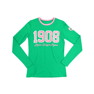 AKA T-Shirt a manica lunga verde 100% in cotone con Glitter stampato lettere greche da donna T-Shirt alla moda personalizzata AKA - Product Image 1