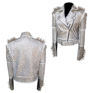 Chaqueta de Cuero con Tachuelas Estilo Punk para Mujer, Ligera, Tejida, Transpirable, Ecológica, Manga Larga, Invierno, Mejor Calidad, 100% Genuina - Product Image 5