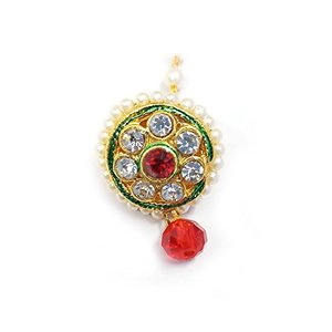 Collier indien Matha Teeka Borla en pierre rouge et blanche, orné de perles et de lignes vertes, avec perle suspendue, pour filles et femmes - Product Image 2