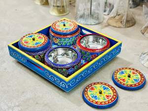 Fabricant indien direct quatre pièces géométrique multifonctionnel bois artisanat plateau Diwali mariage petit déjeuner service de nourriture décoratif - Product Image 3