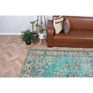 Alfombra Turca Vintage Grande de 6.1x9.4 pies, Alfombra de Lana Sólida Azul y Blanca - Product Image 3