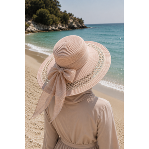 Powder Pink <b>Floppy</b> Panama <b>Hat</b> with Openwork Bow Wide Brim and Printed Pattern Made of Natural Grass Paper for Parties - Product Image 1