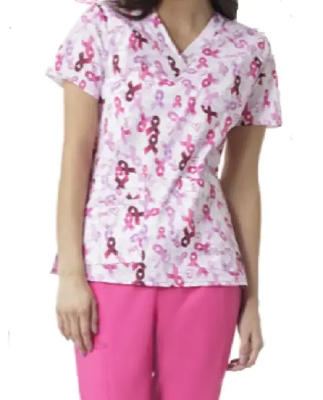 Beautiful White V-Neck Short Sleeves Printed Top with Pink Comfortable Trouser Pant Scrub Suit for Women's Medical Uniform