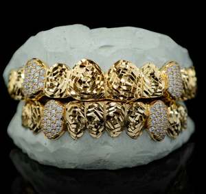 8X8 Top Bottom 14K Solid Gold 925 Sterling <b>Silver</b> Diamond Dust Moissanite Iced Teeth Grillz ROSE CUTS ICED FANGS Fine Cut Body - Product Image 1