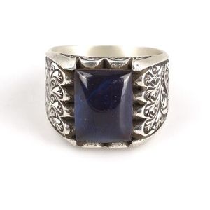 925 Sterling Silver Men's <b>Ring</b> Hand-Engraved Rectangular Blue Compressed Amber Stone Geometric Pattern Rhodium for Everyday Wear - Product Image 4