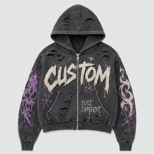 Sudadera con capucha gráfica unisex de algodón y felpa, de corte ajustado, con cremallera, estilo streetwear, con lavado ácido y efecto desgastado, de peso pesado y diseño personalizado. - Product Image 3